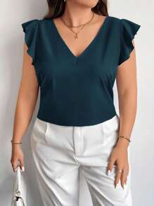 Firerie Plus Size Elegant Commuter Women's V-Neck Ruffle Cap Sleeve Red Festive Minimalist Summer Blouse, Teacher Summer Shirt Spring - Teal Blue - View 3