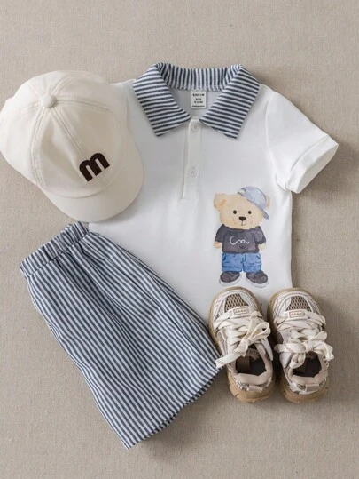  PrepCrw Baby Boys 2pcs/Set Polo Collar Bear Pattern T-Shirt And Striped Shorts Outfit, Preppy Style Back To School Boys School Tops Back To School Clothes Boys Back To School Kids Adorable Baby Boys Short Sleeve Tee And Pants Set In Striped Pattern Baby Boy Clothes Newborn Boy Outfit Baby Boy Polo Shirt Baby Boy Striped Shorts Baby Boy Sneakers