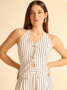 CAJUNI Women's Vacation Apricot & Black Stripe V-Neck Sleeveless Buttoned V-Hem Vest, Versatile For Commute & Holiday, - Multicolor - View 3