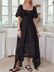LanaWest Women's Casual Square Neck Drawstring Lantern Sleeve Sheer Asymmetrical Hem Dress - Black - View 1