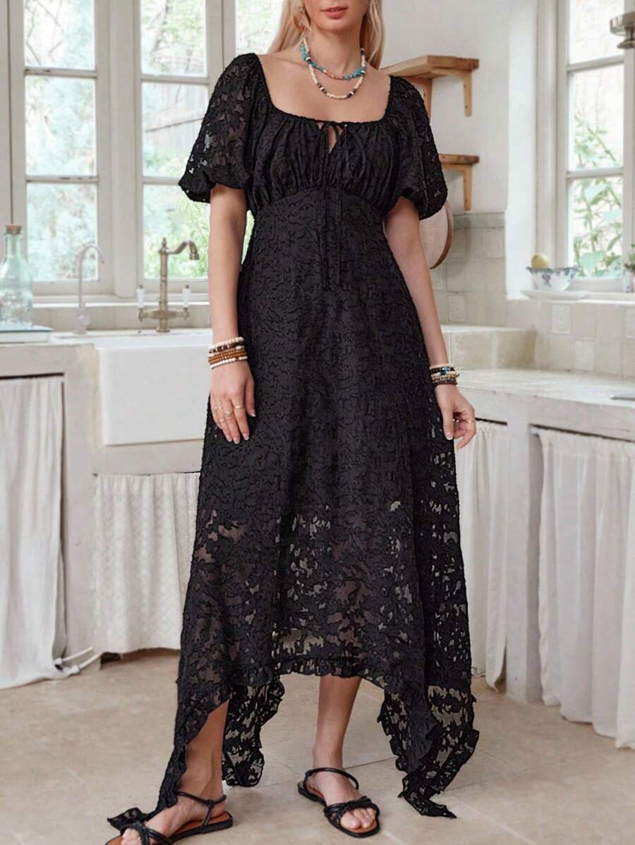 LanaWest Women's Casual Square Neck Drawstring Lantern Sleeve Sheer Asymmetrical Hem Dress - Black - View 1
