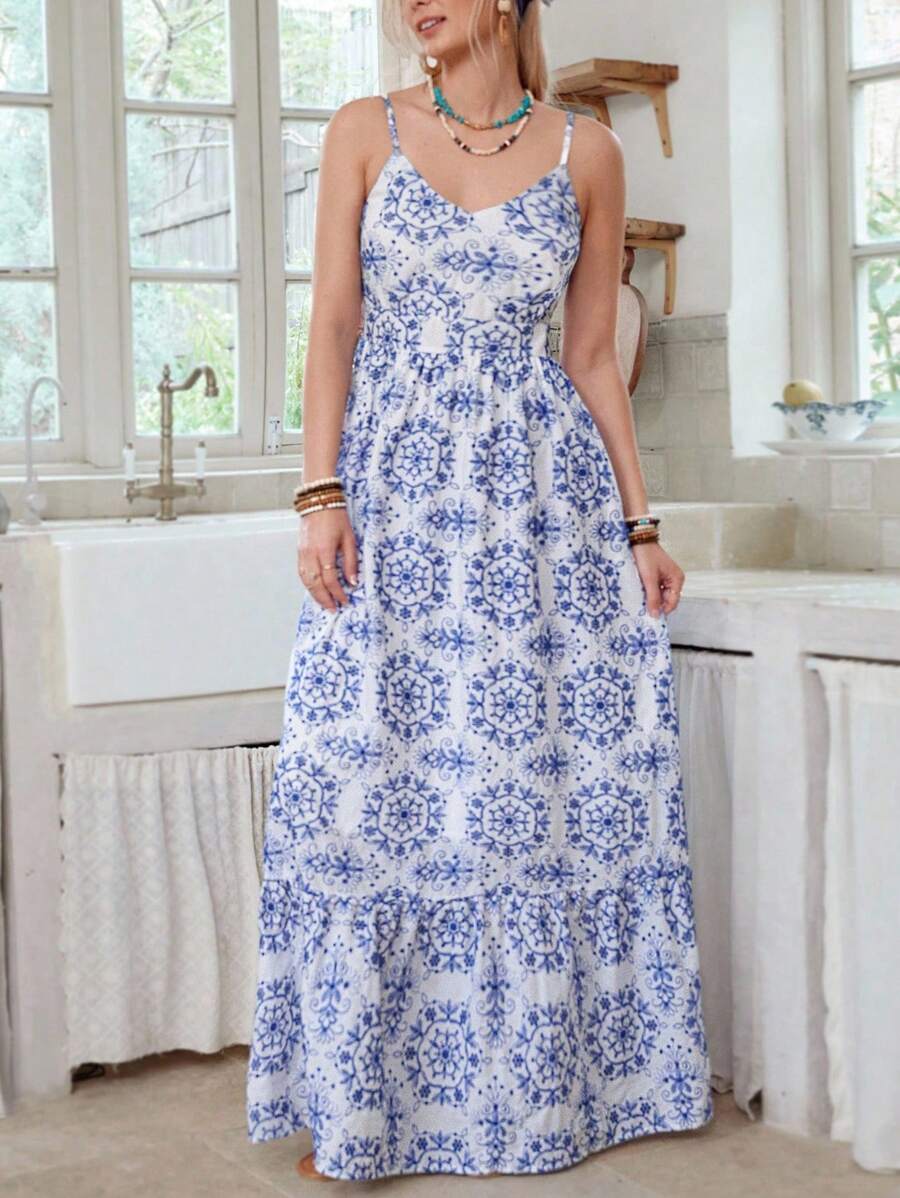 LanaWest 女士休闲镂空刺绣吊带拼布下摆修身连衣裙 - 藍白色 - 查看 1