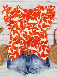 Tall Camisa holgada con estampado de hojas naranjas y mangas tipo gorro, de estilo casual para vacaciones, primavera y verano para mujeres - Azul marino - Ver 7