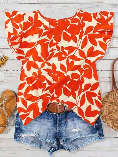 SHEIN Tall Camisa holgada con estampado de hojas naranjas y mangas tipo gorro, de estilo casual para vacaciones, primavera y verano para mujeres