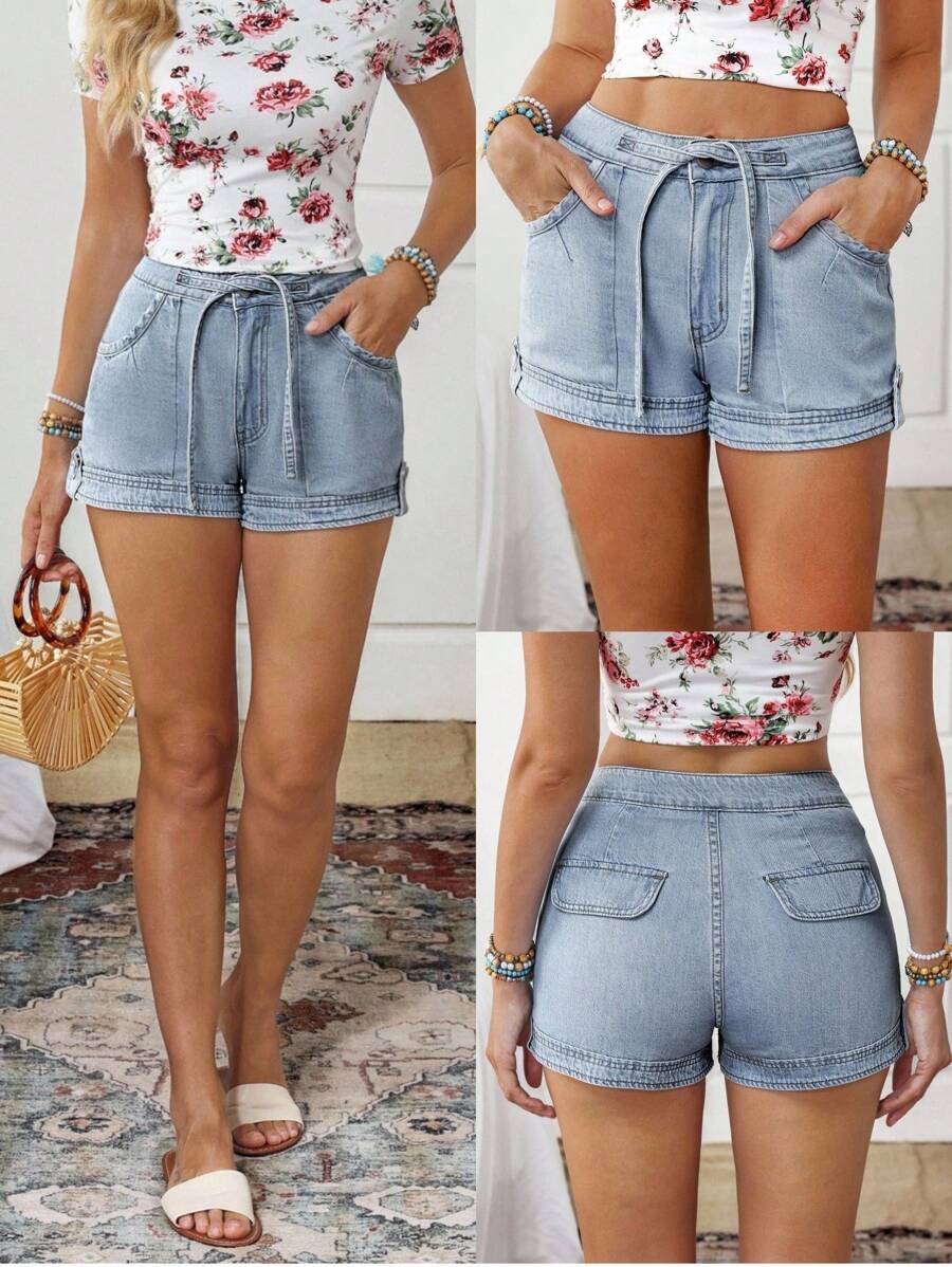 Breezaya Women's Casual Belted Pocket Denim Shorts, Versatile - Blue - View 1