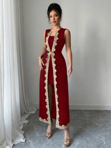 Chiquease فستان أنيق بخصر مشدود وتنورة مطبقة بتطريز دانتيل بدون أكمام، مناسب للارتداء في الربيع والصيف، ملابس صيفية للجامعة