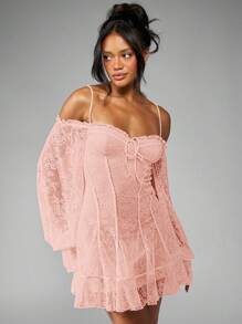 MISSGUIDED 荷叶边蕾丝迷你连衣裙，泡泡袖，露肩领，束腰款式，设计感十足，适合春夏派对、特殊场合、女性婚礼宾客 - 淺粉色 - 查看 5