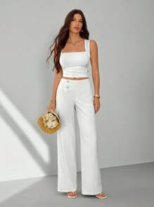 SHEIN Tall Pantalon droit à taille haute et coupe droite pour femmes, style casual unicolore