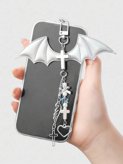 Grunge Punk 1pc Y2K Delicate Luxurious Minimalist Versatile High-End Silver Leather Angel Wings, Hollow Cross, Heart, Star, Bow Decor Phone Grip, Keychain, Bag Charm, Suitable As Gift For Women, Daily Use Or Festivals