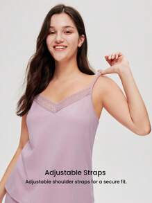 LUVLETTE Summer Women Breathable 100% Pure Cotton Purple Lace Elegance Trim V-Neck Camisole Top & Pants Airy Loungewear Pajama Set Cotton Pajamas - Purple - View 4