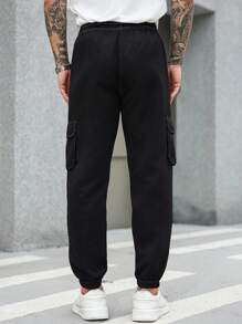 Manfinity Roughcore Men's Solid Color Drawstring Ankle Casual Cargo Pants - Black - View 2