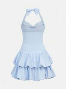 Girlism 少女针织腰部褶皱下摆休闲挂脖纯色迷你连衣裙