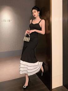 DAZY Elegant Square Neck Sleeveless Mermaid Hem Midi Dress For Women