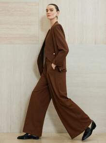 Aveloria Modichic 1 Set Women Long Sleeve Asymmetrical Collar Turnover Cuff Straight Leg Loose Suit Fall Cloth For Women - Brown - View 4