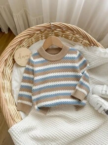 SHEIN Babygirl Casual Striped Long Sleeve Sweater, Versatile For Autumn/Winter Baby Knitwear Baby Sweater Striped Baby Sweater Baby Boy Sweater Baby Girl Sweater