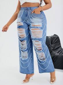 SHEIN EZwear 大码女式珍珠链装饰破洞宽松阔腿牛仔裤，休闲街头时尚 - 彩色 - 查看 1