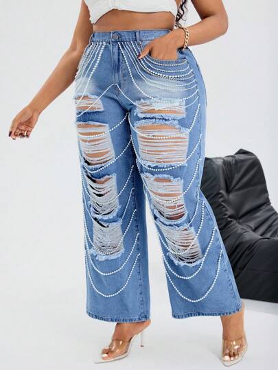 SHEIN ICON Jeans anchos y sueltos con desgaste y decoración de cadena de perlas para mujer de talla grande, moda casual de calle