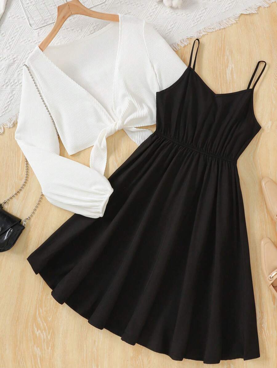 SHEIN Teen Girls White Knit Tie Bow Crop Cardigan Shrug With Solid Black Belted A-Line Long Sleeve Dress, Elegant Casual 2 Pieces Outfit Set; Back To School Academy Style Dress Set, White, Party, Holiday, Vintage, Boho, Elegant - Black and White - View 1