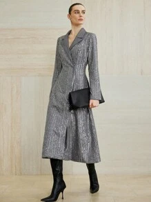 Aveloria Modichic 欧美新款派对富家女高端优雅钉珠面料西装领收腰修身垫肩前开长袖连衣裙 - 灰色 - 查看 4