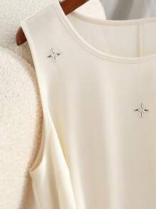 SHEIN Clasi Plus Size Women Knitted Solid Color Round Neck Sleeveless Tie Waist High Low Rhinestone Embellished Elegant Romantic Long Dress - Apricot - View 5