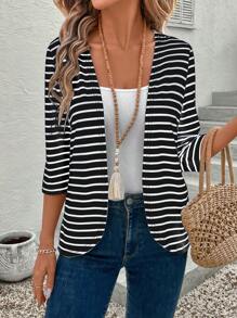 EMERY ROSE Damen Lässig Minimalistisch Modisch Schwarz-Weiß Gestreifter 3/4 Arm Jacke Gestreifter Cardigan für Herbst/Winter
