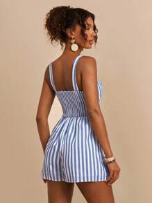 Travachic 亚麻宽松条纹编织休闲细肩带女式连体裤，度假风格，夏季 - 藍白色 - 查看 2