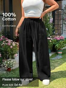 SHEIN EZwear Pantalones casuales de pierna ancha de algodón arrugado con cintura con cordón, adecuados para vacaciones de verano, talla grande