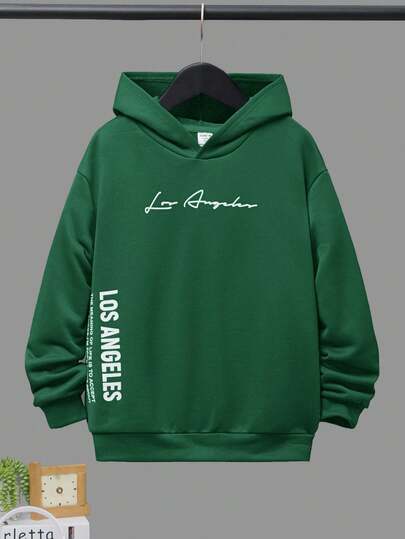 SHEIN Áo nỉ có mũ dáng rộng in chữ, thích hợp mặc ngoài trời mùa thu/đông cho bé trai tuổi teen, màu xanh lá cây Los Angeles, áo nỉ mùa đông, mùa thu, dành cho trẻ em, áo thun xanh Giáng sinh, áo thun mùa thu.