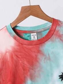 SHEIN Leap Crew Tween Boy Tie-Dye Short Sleeve T-Shirt And Shorts Suit, Holiday Set Teen Boy Summer Sets Boys Tie Dye Sets Teen Boys Outfits Summer Outfits For Teen Boys Boys Summer Clothes - Apricot - View 4