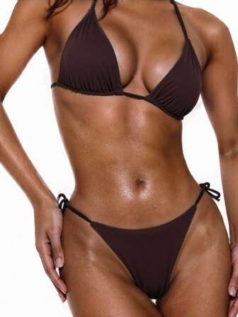 Swim Basics Ensemble de bikini attaché sexy de couleur unie pour femmes, tenue de plage pour les vacances d'été