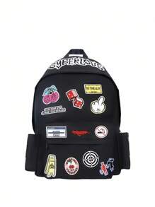 ROMWE Anime Punk Academy Style Graffiti Multi-Patch Letter Cherry Angel Arrow Target Embroidery Thorn Print Strap Backpack, Unisex Large Capacity Commuter Bag, School Backpack