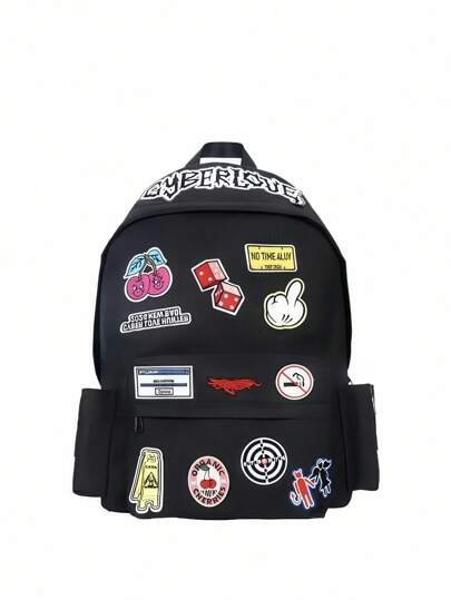 Anime Punk Academy Style Graffiti Multi-Patch Letter Cherry Angel Arrow Target Embroidery Thorn Print Strap Backpack, Unisex Large Capacity Commuter Bag, School Backpack