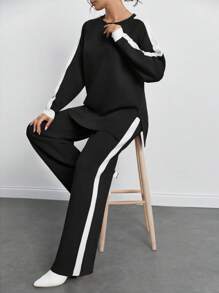 SHEIN Tall Sweater And Pants Two-Piece Set With Raglan Sleeve - Black and White - View 5