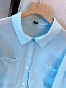 SHEIN LUNE Plus Size Casual Solid Color Long Sleeve Shirt - Blue - View 3