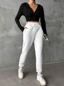 SHEIN PETITE Cotton Slant Pocket Drawstring Sweatpants - White - View 5
