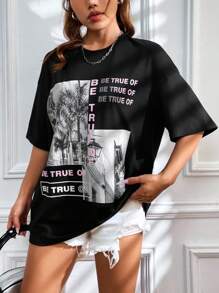 SHEIN EZwear 建筑与口号图案落肩 T 恤 BE TRUE OF BE TRUE OF BE TRUE OF - 黑色 - 查看 4