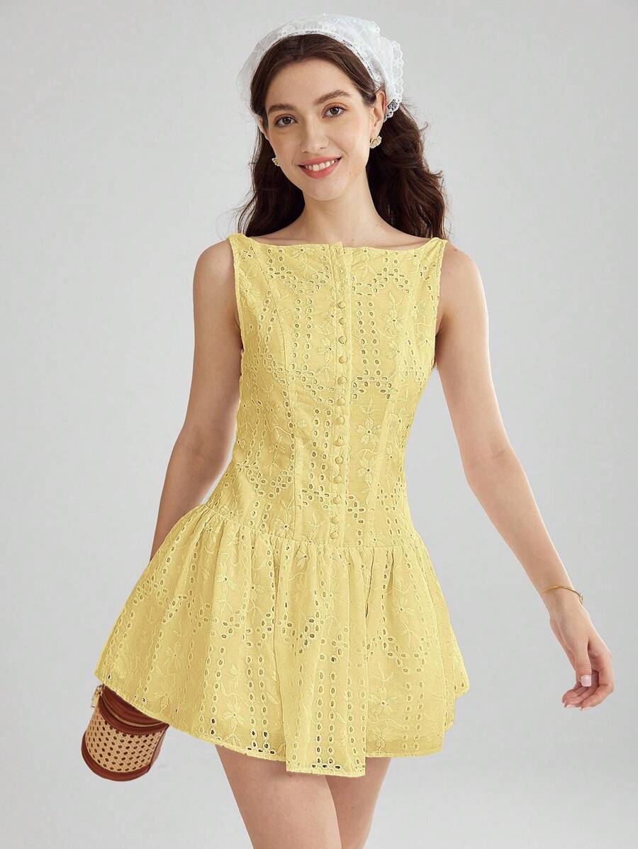 Enchnt Váy mini thêu viền bèo nhún đơn hàng khuy cắt laser cho nữ - Màu vàng - Xem 1