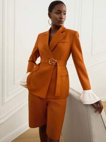 Aveloria Modichic 女式荷叶边袖口拼接披肩翻领腰带阔腿长袖西装套装 - 橘色 - 查看 1