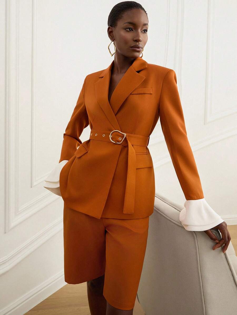 Aveloria Modichic 女式荷叶边袖口拼接披肩翻领腰带阔腿长袖西装套装 - 橘色 - 查看 1