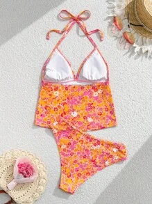 Swim Mod 全新性感微花拼接白色花朵精制背心和比基尼套装，修身，非常适合水疗度假，2 件女士泳装 - 彩色 - 查看 2