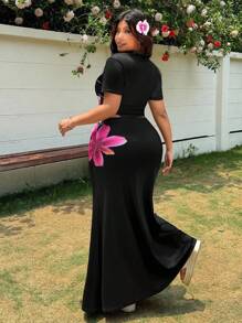 GalTyme 大码女式两件套花卉图案度假风格服装 - 黑色 - 查看 2