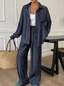 Livesso 2pcs Women's Simple Loose Solid Color Front Button Long Sleeve Shirt & Pants Set Lounge Sets For Women - Navy Blue - View 5