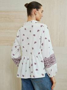 Aveloria Modichic New Summer Women's Casual Tassel Drawstring Lantern Sleeve Printed Vacation Blouse' Fall Cloth For Women - Multicolor - View 3