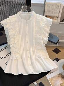 Siren Gaze 女士节日蜡染刺绣荷叶边单排扣褶皱衬衫 - 白色 - 查看 2