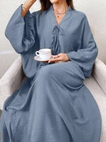 Yasmyna 女式纯色V领长袖休闲优雅阿拉伯连衣裙