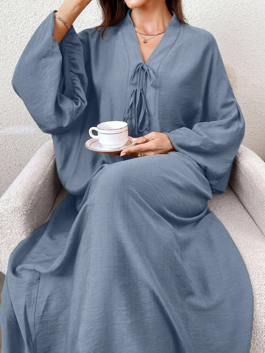 Yasmyna 女式纯色V领长袖休闲优雅阿拉伯连衣裙