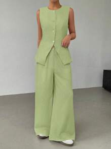 SHEIN EZwear Women's Spring/Summer Lime Green Linen Casual Vest And Wide-Leg Pants 2 Pieces Set In Fall/Winter - Lime Green - View 3