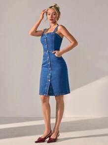 CLARA VERO 小巧斜插口袋纽扣前牛仔中长连衣裙 - 中等水洗藍 - 查看 5