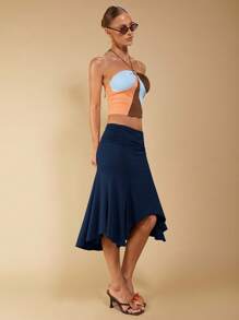 COSMINA Chân váy xếp ly bất đối xứng màu nâu thanh lịch dành cho nữ, thích hợp cho kỳ nghỉ hè - Xanh đậm - Xem 3