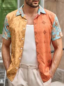 Manfinity VCAY 男士休闲拼布印花短袖衬衫，适合度假 - 彩色 - 查看 5